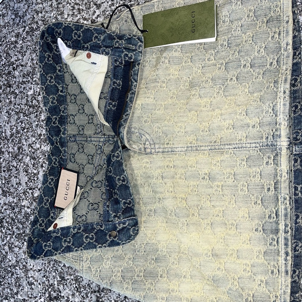 Gucci GG Jacquard Monogram Light Blue Denim Sandy Washed Mini Skirt Size IT38 - Picture 12 of 13